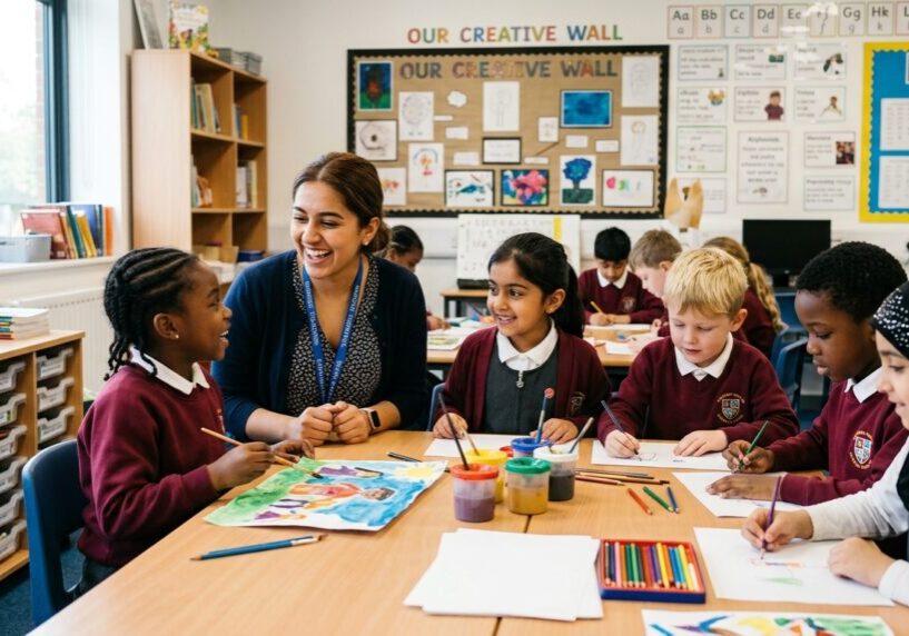 Teacher working with a diverse group of primary school pupils in a bright UK primary school classroom